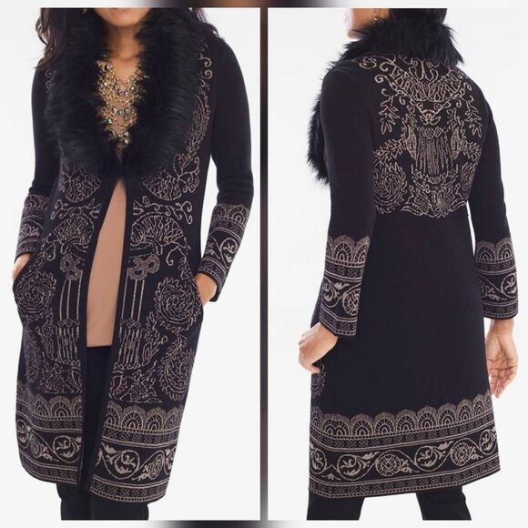 Chico's Black Gold Lurex Detail Longline Cardigan MISSING COLLAR Sz. L NWT - Picture 1 of 7